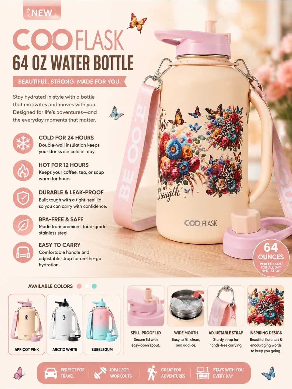 COOL FLASK 64oz Apricot Pink Insulated Water Bottle with Strap